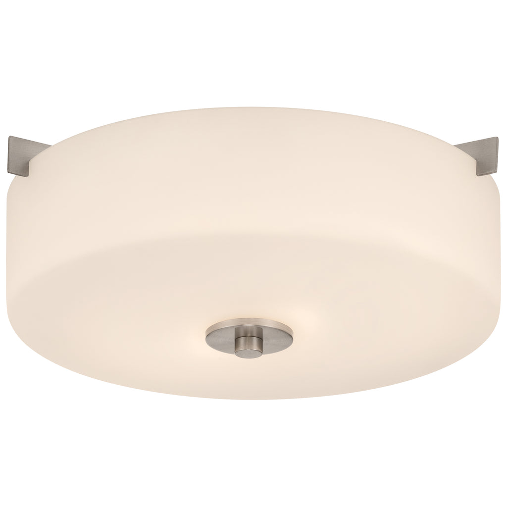 The Rachel 2 Light Flush Mount by Access Lighting features a round, flush-mount design with a frosted white glass shade and brushed steel accents, shown against a white background.