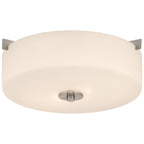 The Rachel 2 Light Flush Mount by Access Lighting features a round, flush-mount design with a frosted white glass shade and brushed steel accents, shown against a white background.