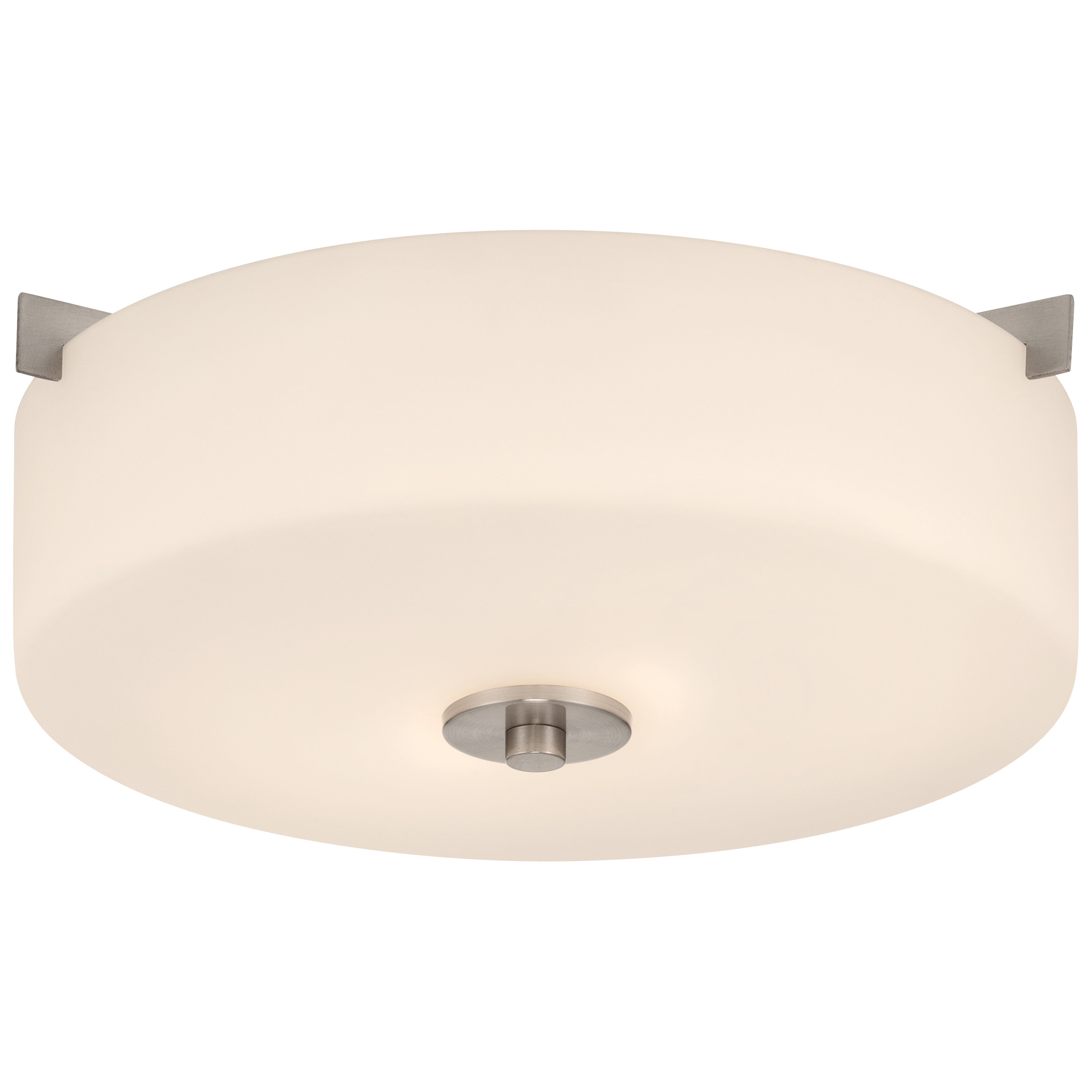 The Rachel 2 Light Flush Mount by Access Lighting features a round, flush-mount design with a frosted white glass shade and brushed steel accents, shown against a white background.