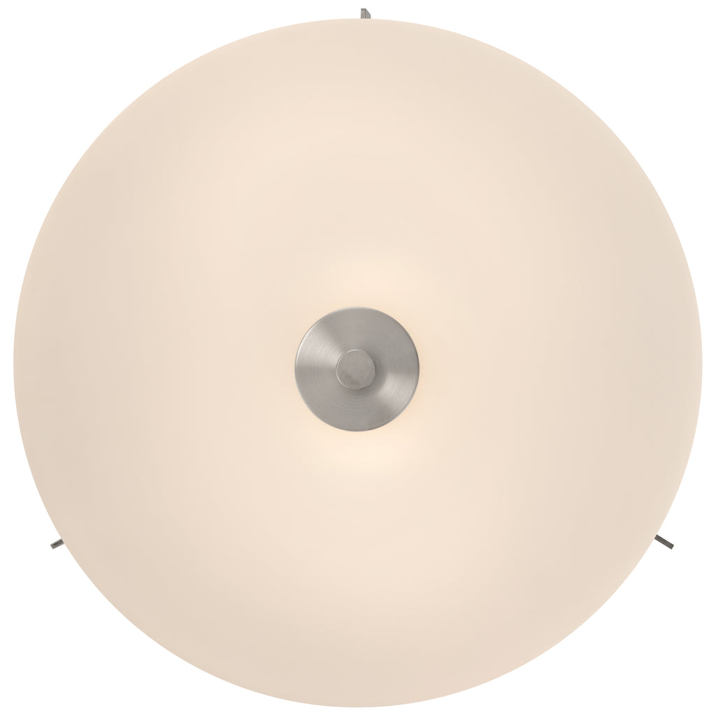The Rachel 2 Light Flush Mount by Access Lighting features a frosted glass cover and a brushed steel center, shown from below against a white background.