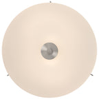 The Rachel 2 Light Flush Mount by Access Lighting features a frosted glass cover and a brushed steel center, shown from below against a white background.