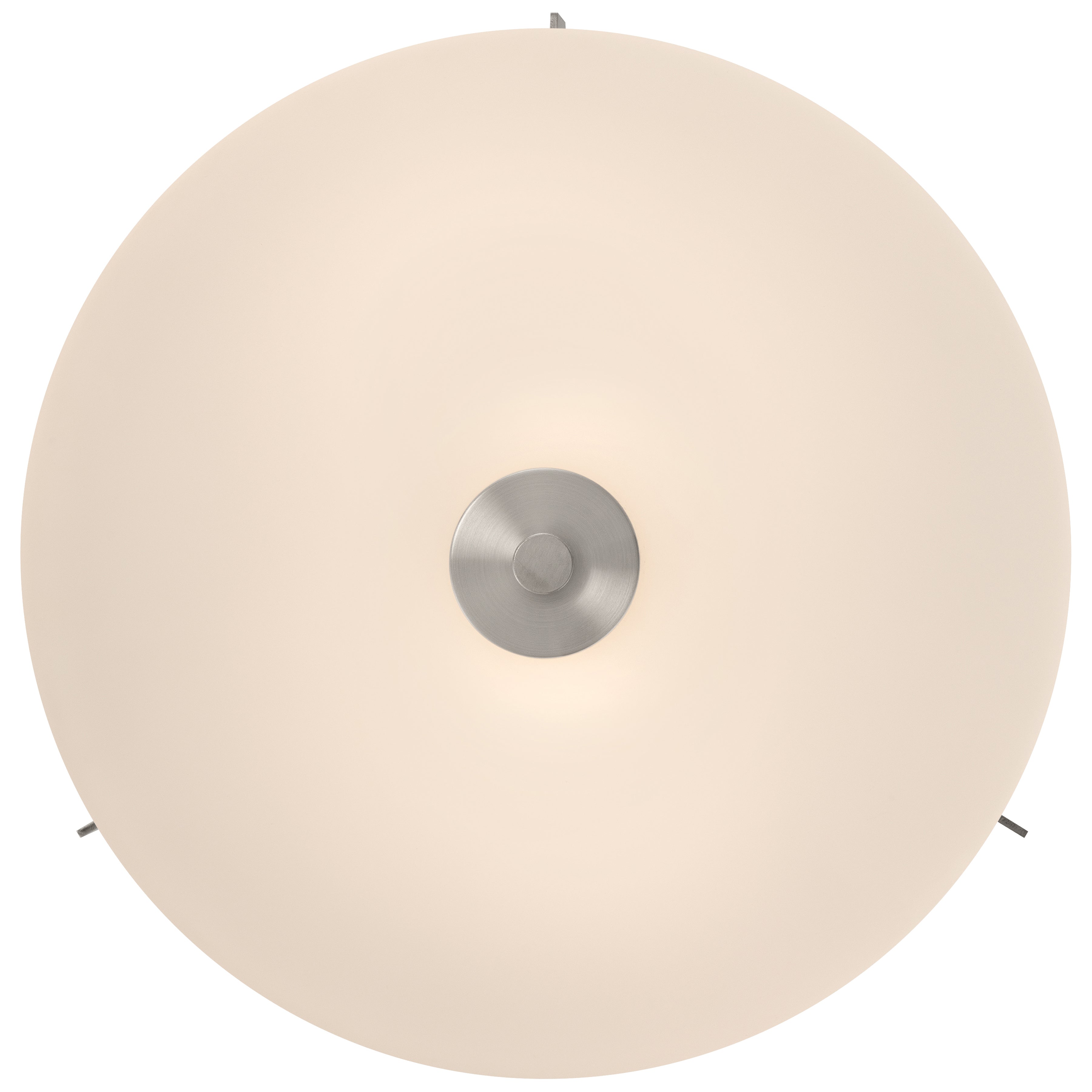 The Rachel 2 Light Flush Mount by Access Lighting features a frosted glass cover and a brushed steel center, shown from below against a white background.