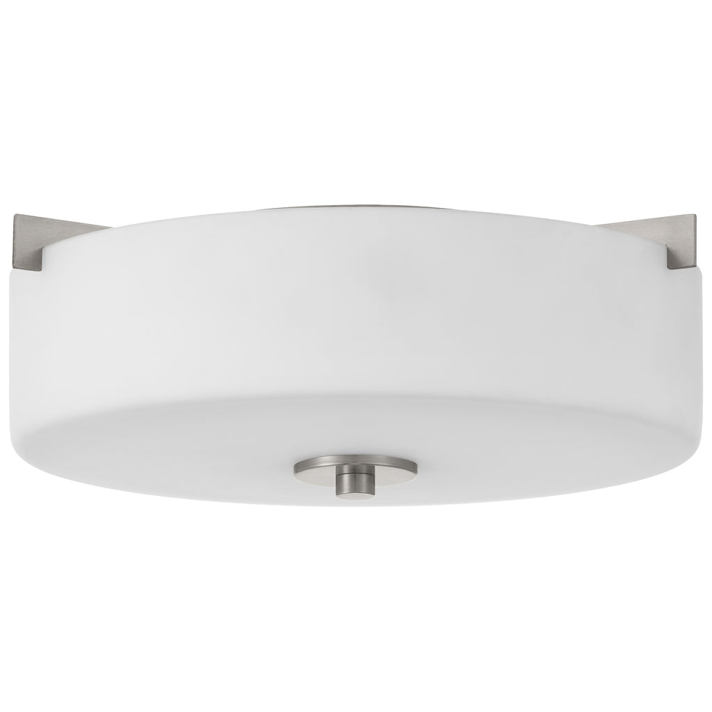 The Rachel 2 Light Flush Mount by Access Lighting features a white glass shade and brushed steel accents, shown in a round flush mount design photographed from below against a white background.