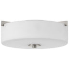 The Rachel 2 Light Flush Mount by Access Lighting features a white glass shade and brushed steel accents, shown in a round flush mount design photographed from below against a white background.