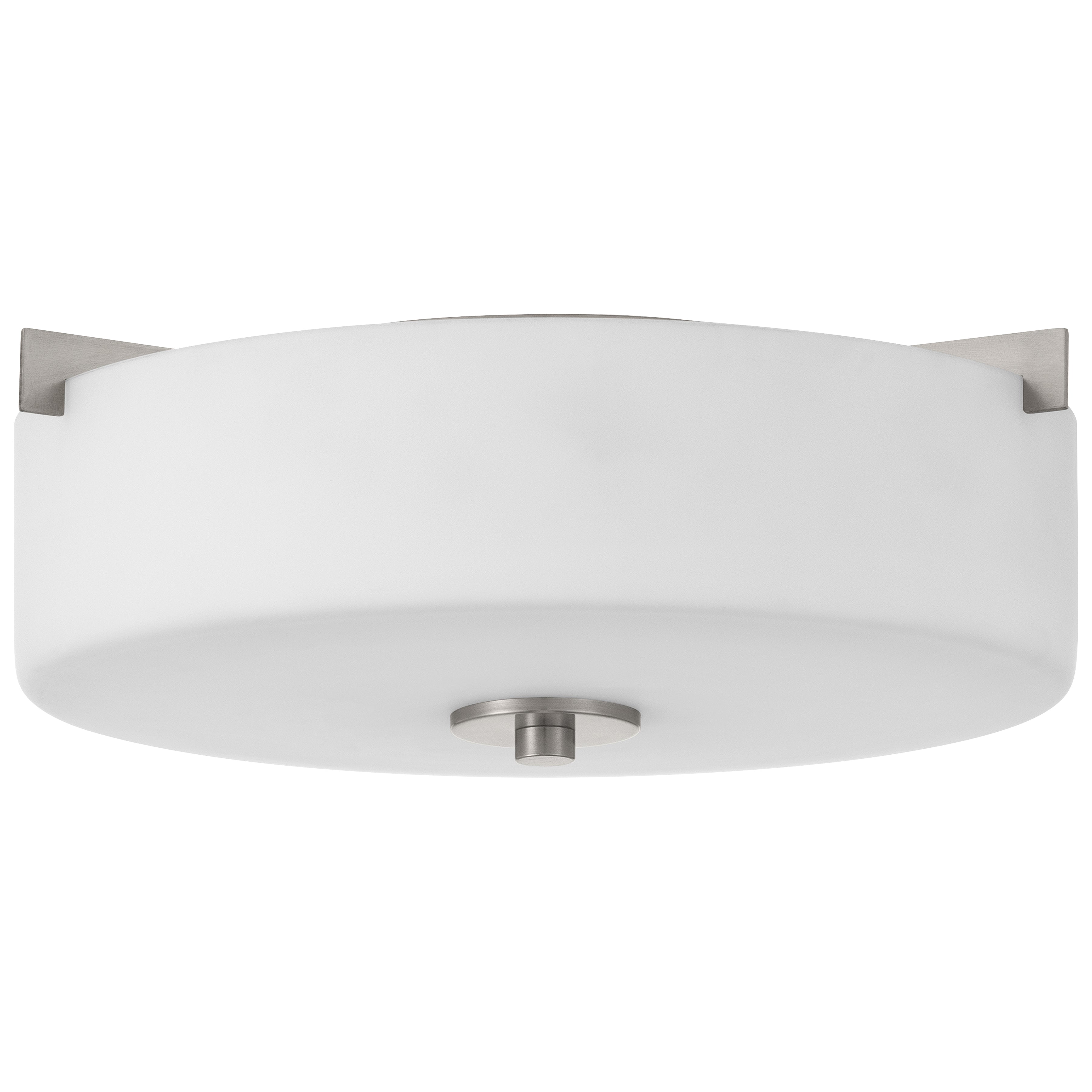 The Rachel 2 Light Flush Mount by Access Lighting features a white glass shade and brushed steel accents, shown in a round flush mount design photographed from below against a white background.