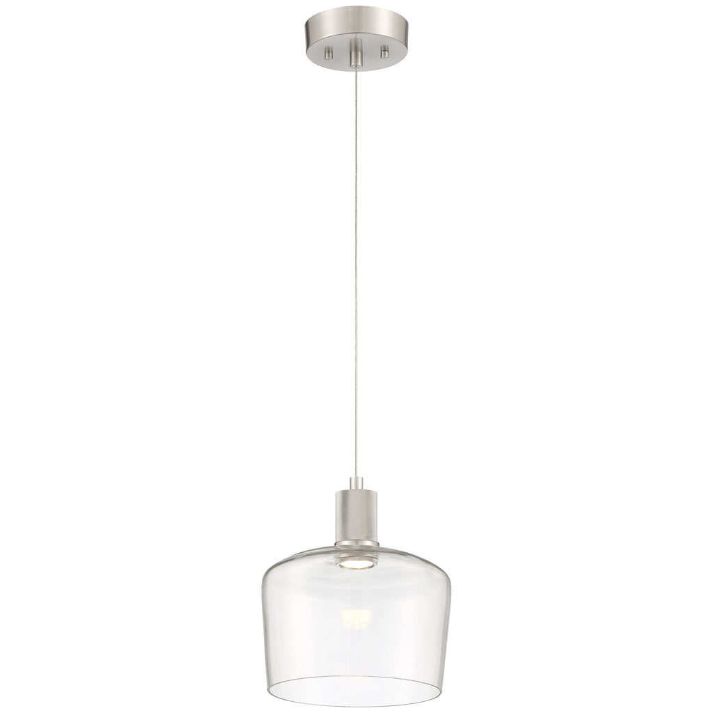 The Access Lighting Port Nine Chardonnay LED Pendant features a brushed steel canopy, an adjustable cord, and a clear glass shade, powered by a 9W LED.