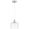 The Access Lighting Port Nine Chardonnay LED Pendant features a brushed steel canopy, an adjustable cord, and a clear glass shade, powered by a 9W LED.