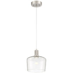 The Access Lighting Port Nine Chardonnay LED Pendant features a brushed steel canopy, an adjustable cord, and a clear glass shade, powered by a 9W LED.