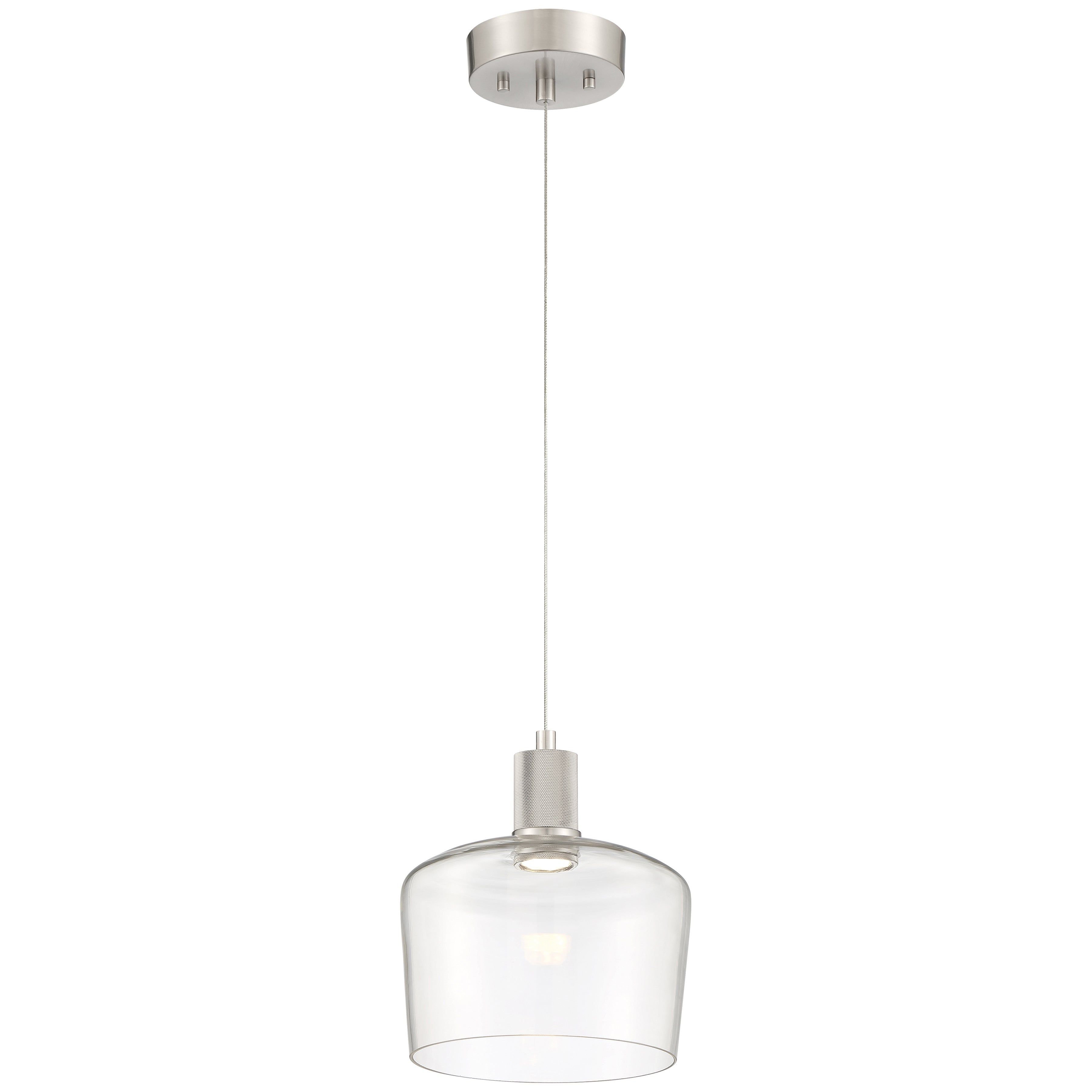 The Access Lighting Port Nine Chardonnay LED Pendant features a brushed steel canopy, an adjustable cord, and a clear glass shade, powered by a 9W LED.