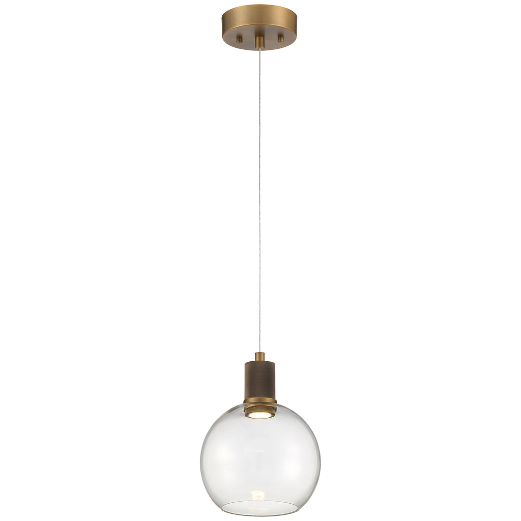 The Access Lighting Port Nine Burgundy LED Pendant features an antique brushed brass finish with a clear glass globe shade, suspended from a single cord and ceiling-mounted.