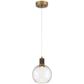 The Access Lighting Port Nine Burgundy LED Pendant features an antique brushed brass finish with a clear glass globe shade, suspended from a single cord and ceiling-mounted.