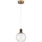 The Access Lighting Port Nine Burgundy LED Pendant features an antique brushed brass finish with a clear glass globe shade, suspended from a single cord and ceiling-mounted.
