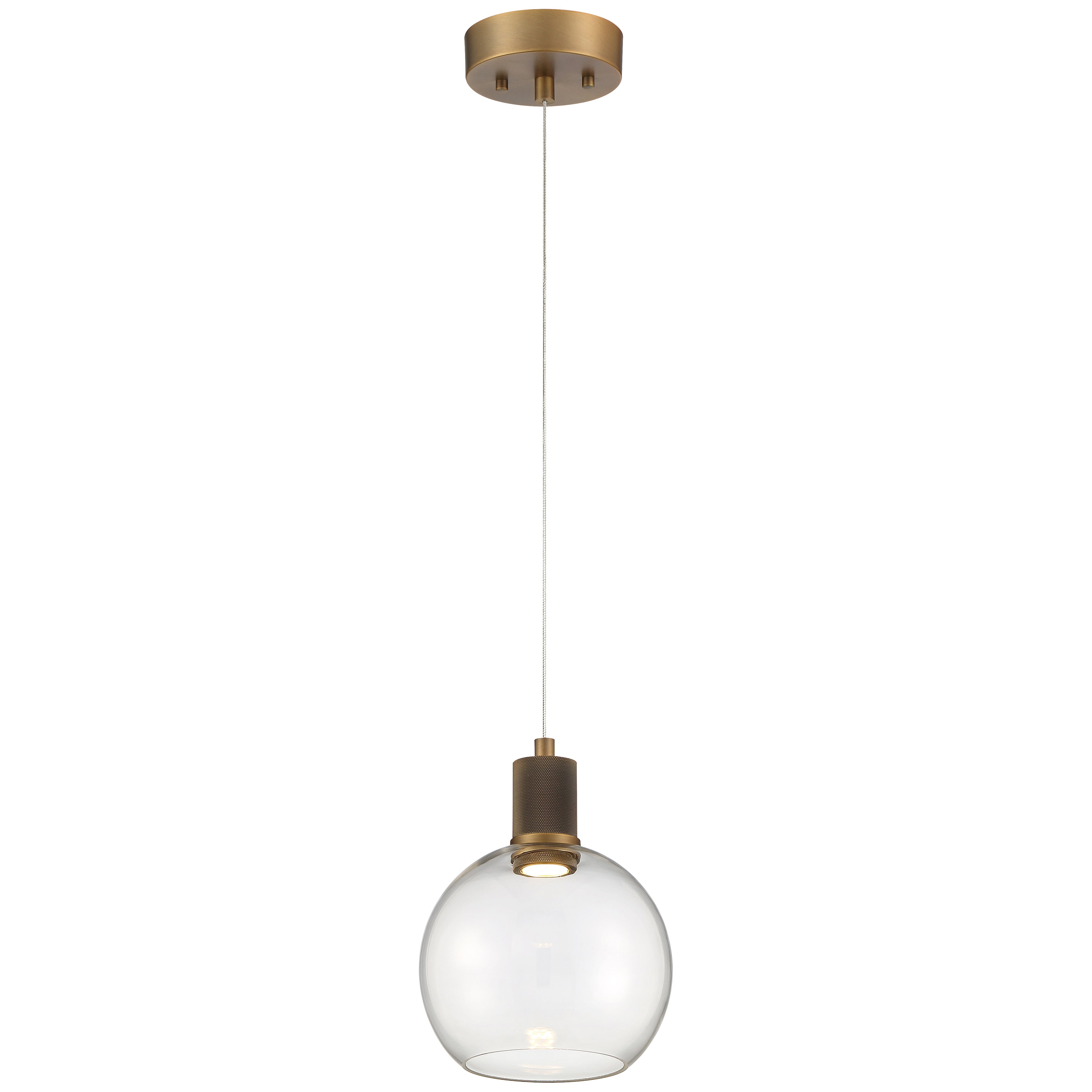 The Access Lighting Port Nine Burgundy LED Pendant features an antique brushed brass finish with a clear glass globe shade, suspended from a single cord and ceiling-mounted.