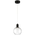 The Access Lighting Port Nine Burgundy LED Pendant features a matte black ceiling mount and a clear glass globe shade, suspended from a slender cord. The fixture uses 9W of LED power.