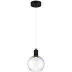 The Access Lighting Port Nine Burgundy LED Pendant features a matte black ceiling mount and a clear glass globe shade, suspended from a slender cord. The fixture uses 9W of LED power.