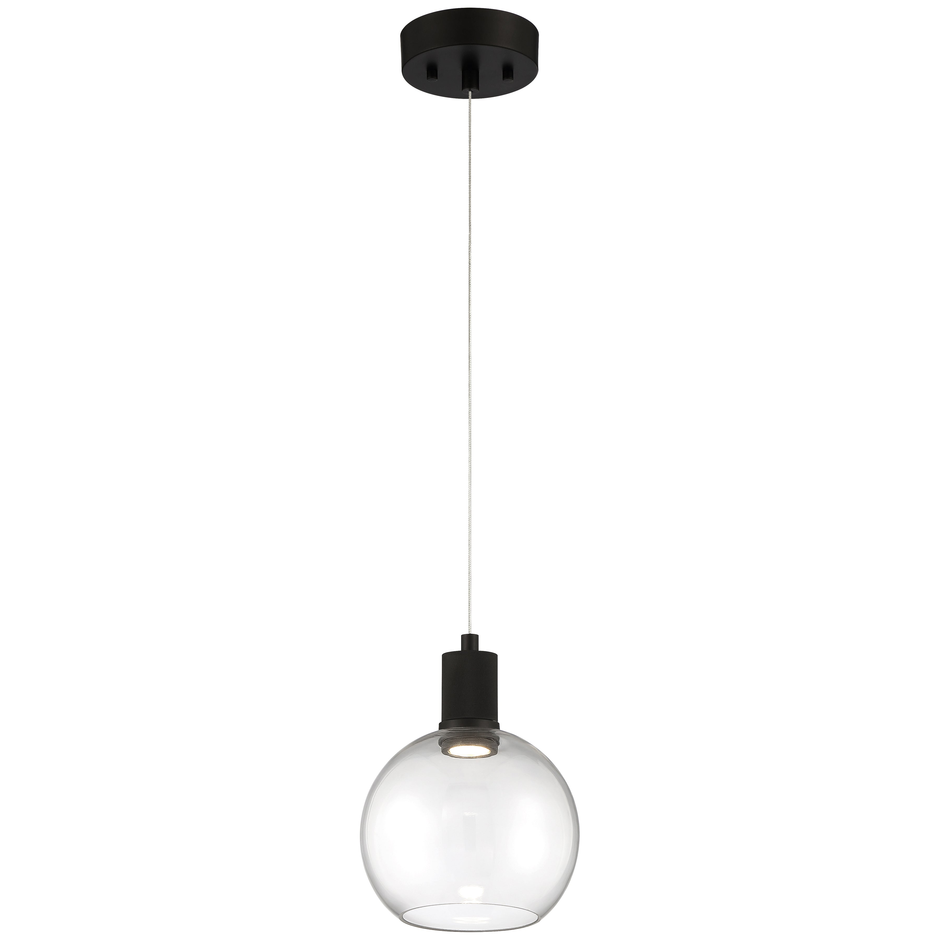 The Access Lighting Port Nine Burgundy LED Pendant features a matte black ceiling mount and a clear glass globe shade, suspended from a slender cord. The fixture uses 9W of LED power.