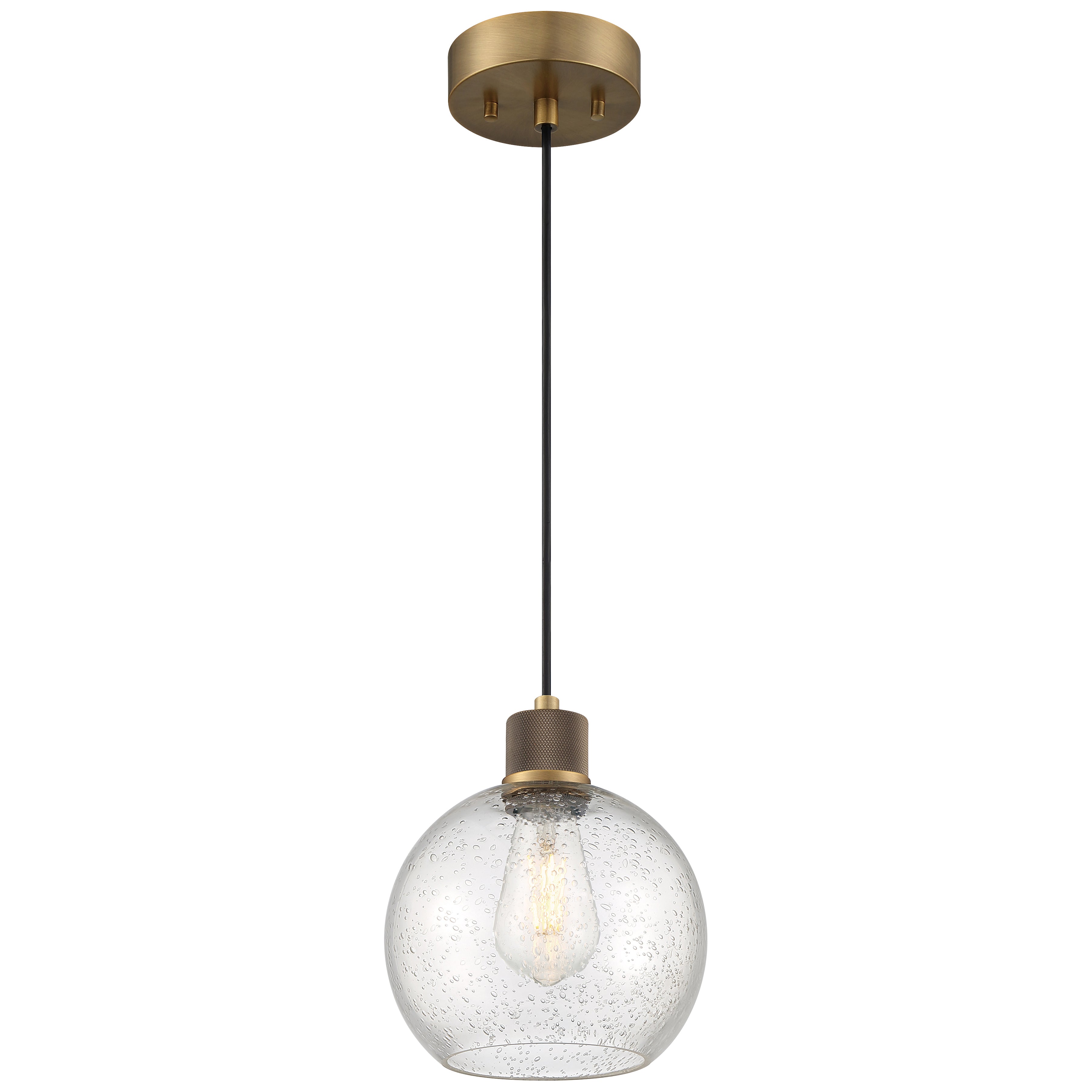 Port Nine Burgundy LED Pendant, Antique Brushed Brass / Seeded Glass / 7W