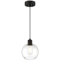 The Port Nine Burgundy LED Pendant by Access Lighting features a clear glass globe shade, a matte black metal fixture, and an exposed bulb design, all suspended from a sleek black cord.