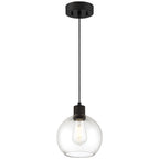 The Port Nine Burgundy LED Pendant by Access Lighting features a clear glass globe shade, a matte black metal fixture, and an exposed bulb design, all suspended from a sleek black cord.