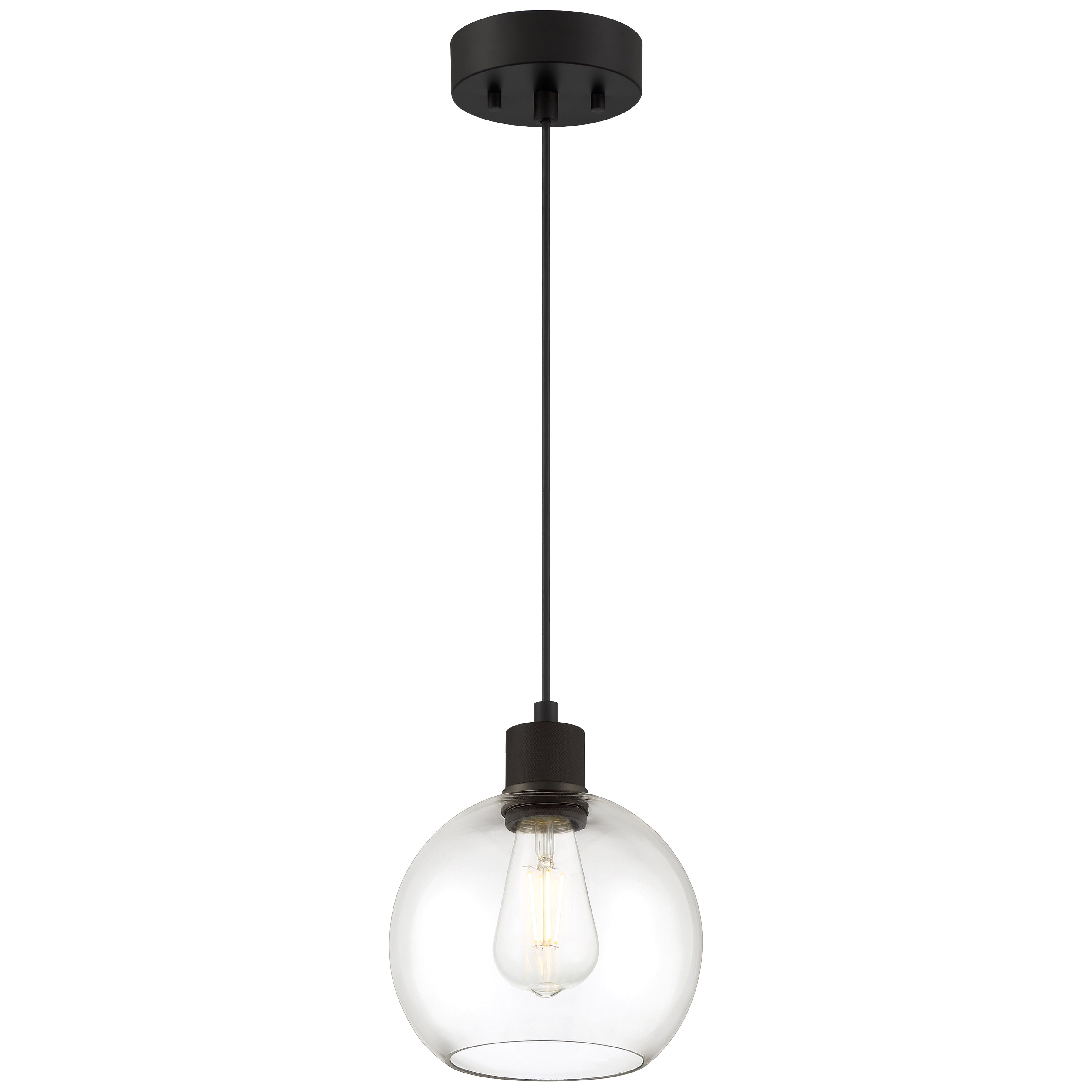 The Port Nine Burgundy LED Pendant by Access Lighting features a clear glass globe shade, a matte black metal fixture, and an exposed bulb design, all suspended from a sleek black cord.