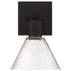 Access Lighting Port Nine Martini LED Wall Sconce features a matte black square base and a cone-shaped shade of seeded (textured) clear glass.