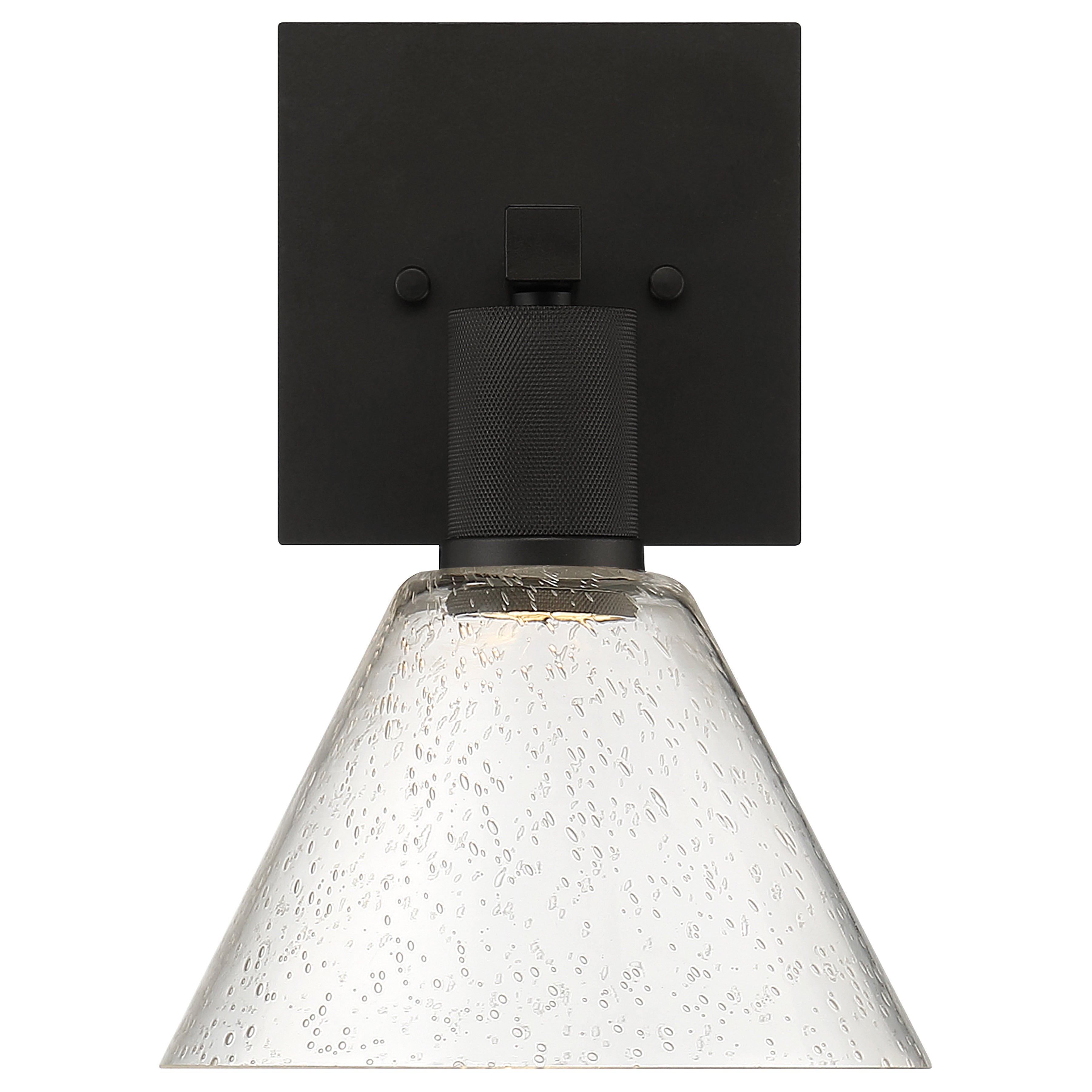 Access Lighting Port Nine Martini LED Wall Sconce features a matte black square base and a cone-shaped shade of seeded (textured) clear glass.