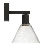 The Port Nine Martini LED Wall Sconce by Access Lighting features a matte black rectangular base and arm, paired with a cone-shaped seeded glass shade that showcases a distinctive bubble texture.