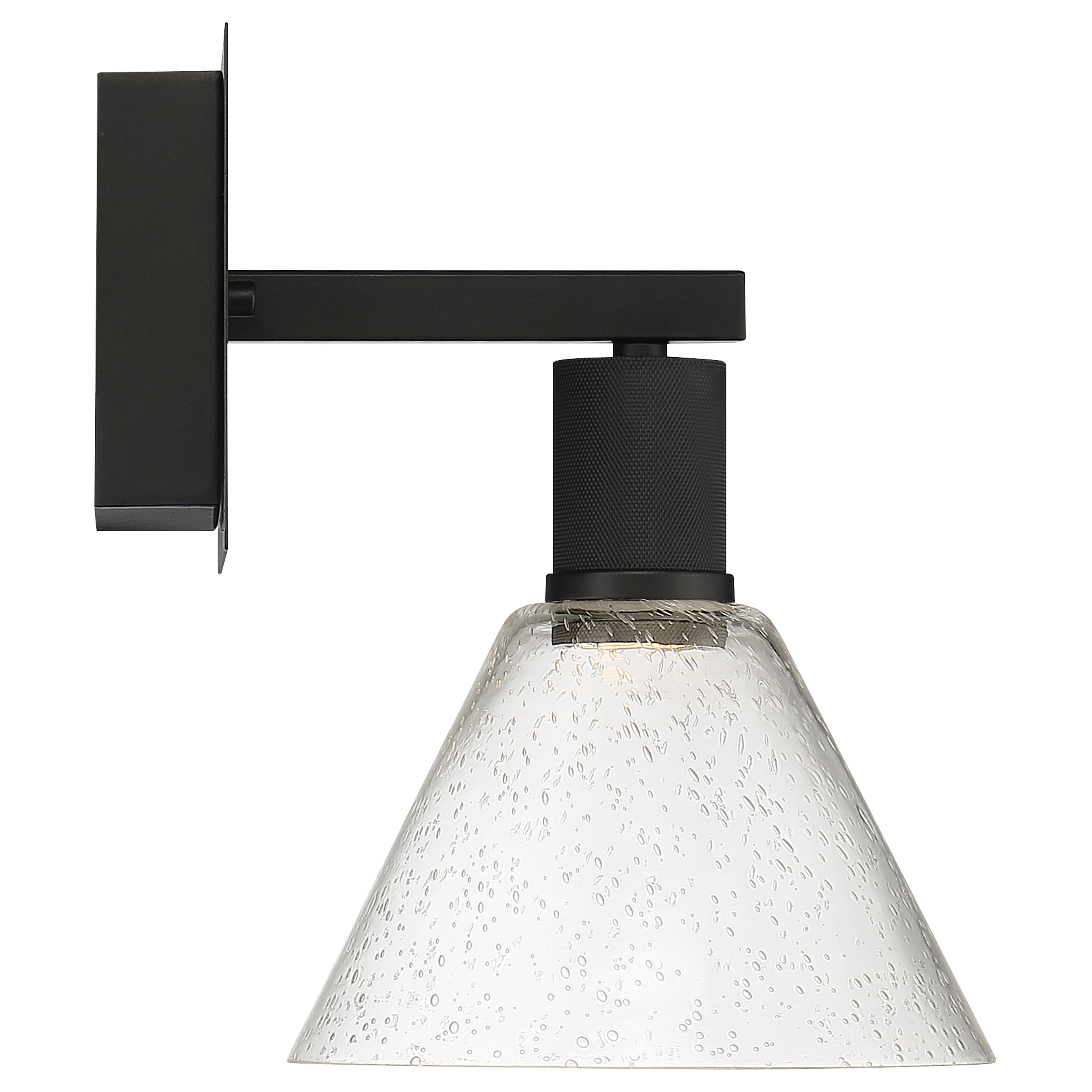 The Port Nine Martini LED Wall Sconce by Access Lighting features a matte black rectangular base and arm, paired with a cone-shaped seeded glass shade that showcases a distinctive bubble texture.