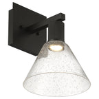 The Access Lighting Port Nine Martini LED Wall Sconce features a matte black wall-mounted design with a wide, clear seeded glass cone-shaped shade and a downward-facing 9W LED bulb.