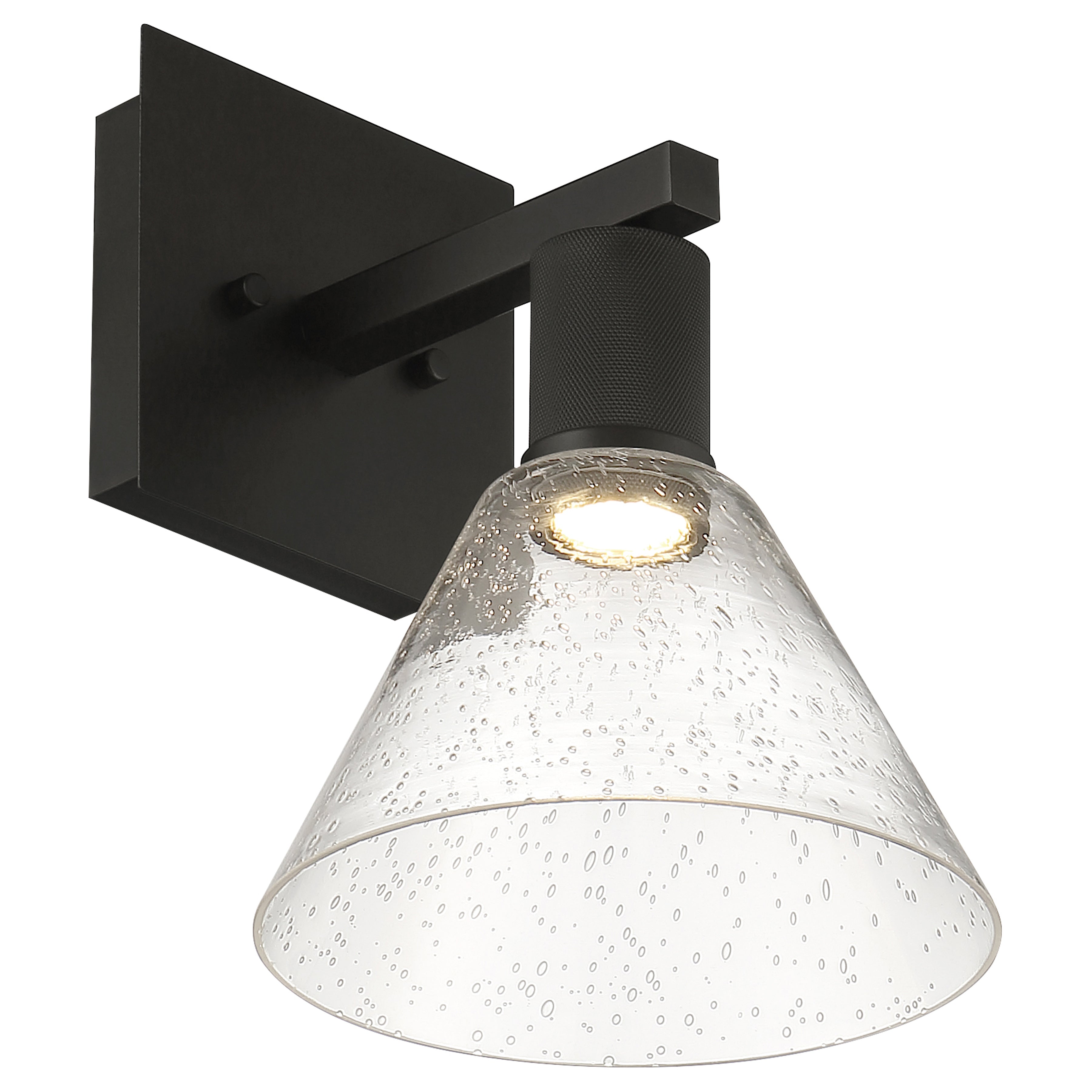 The Access Lighting Port Nine Martini LED Wall Sconce features a matte black wall-mounted design with a wide, clear seeded glass cone-shaped shade and a downward-facing 9W LED bulb.