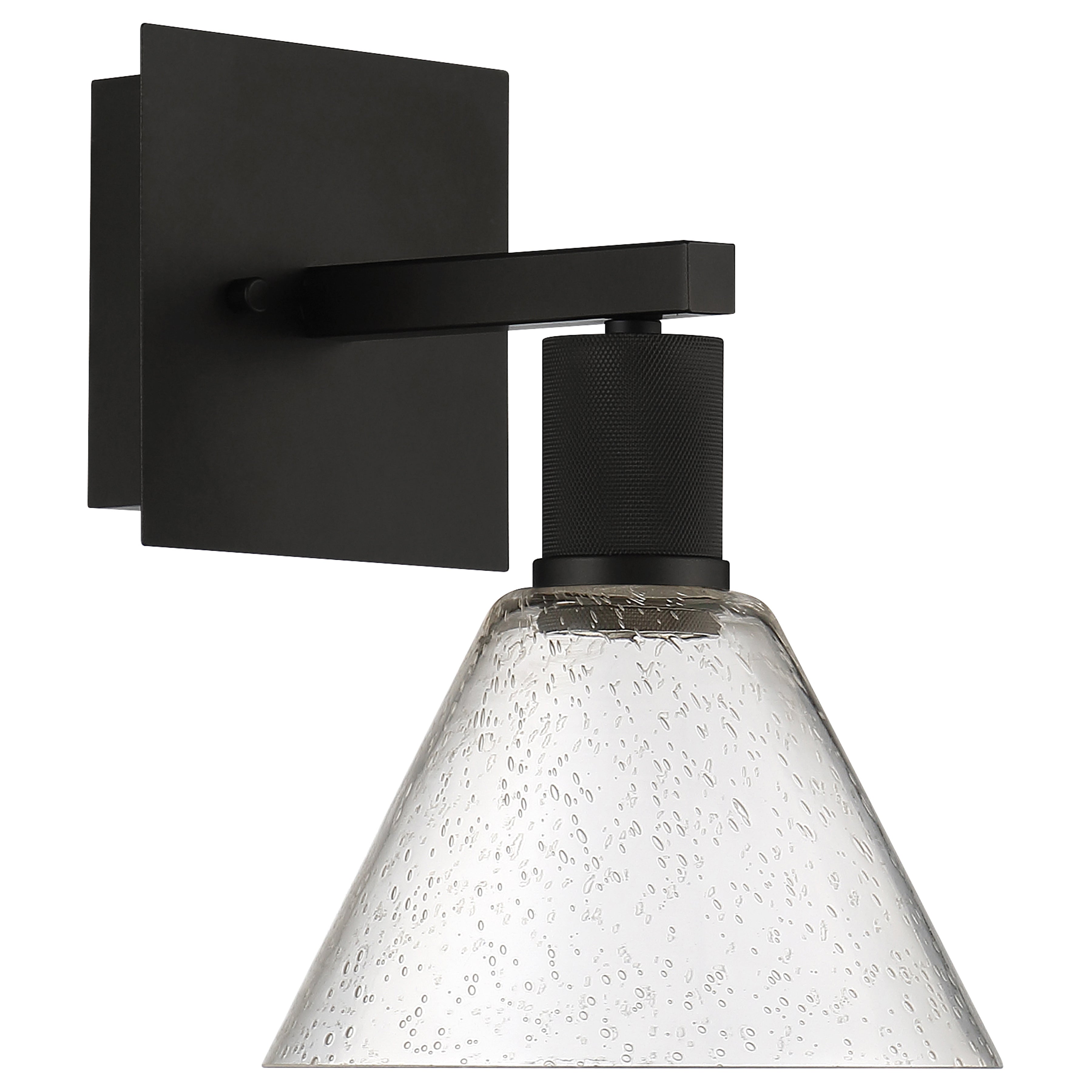 The Access Lighting Port Nine Martini LED Wall Sconce features a matte black, wall-mounted design with a square backplate and a clear seeded glass, cone-shaped shade that displays subtle air bubbles.