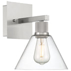 The Port Nine Martini LED Wall Sconce by Access Lighting features a square metal base in brushed steel, a cylindrical socket, and a clear glass cone-shaped shade with an exposed filament-style LED bulb.