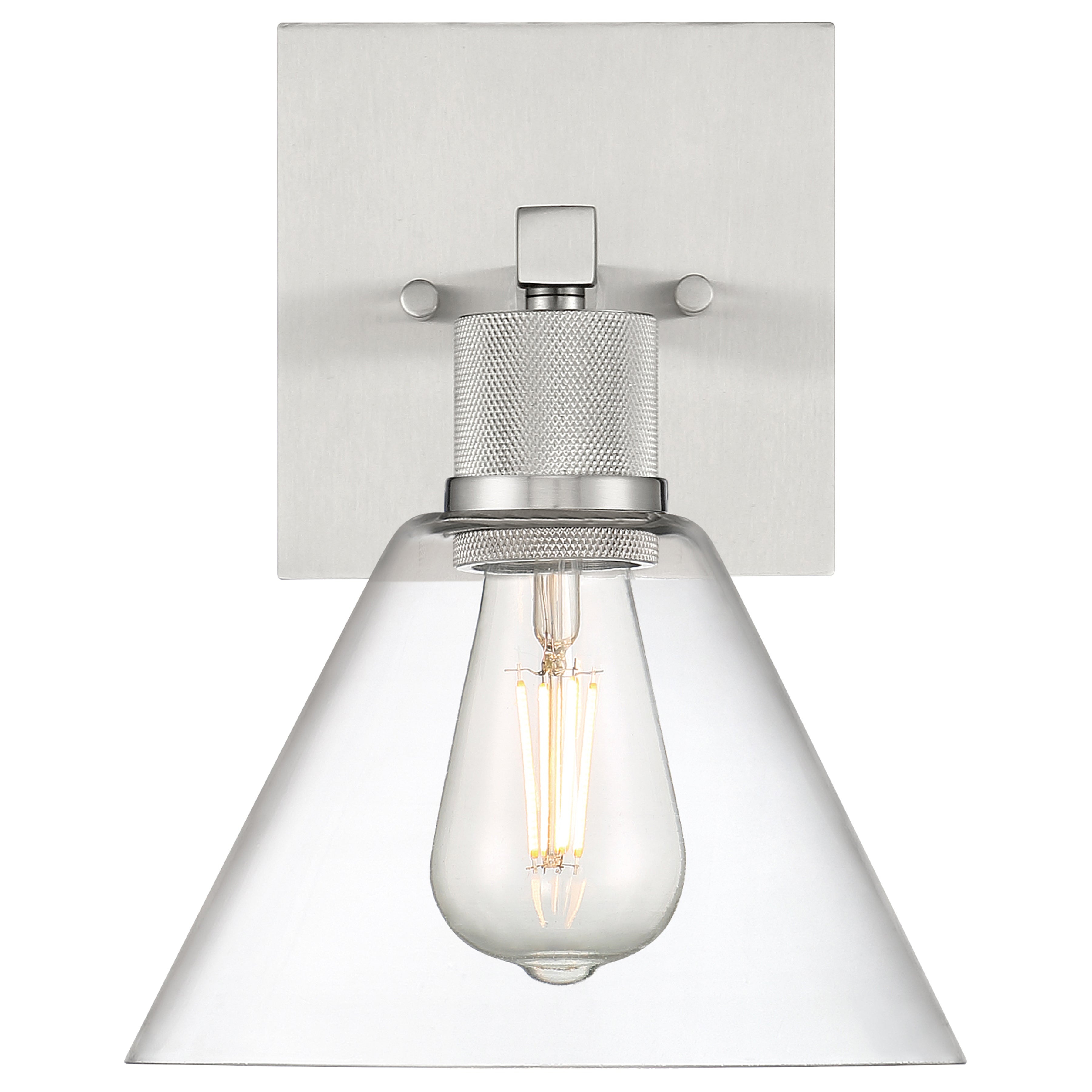 The Port Nine Martini LED Wall Sconce by Access Lighting features a brushed steel base, a clear glass conical shade, and an exposed Edison-style light bulb (7W).