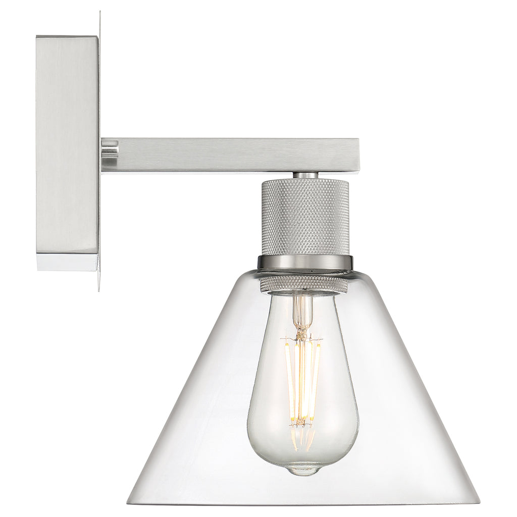 Port Nine Martini LED Wall Sconce by Access Lighting features a brushed steel base, clear glass cone shade, and a visible filament-style 7W LED bulb.