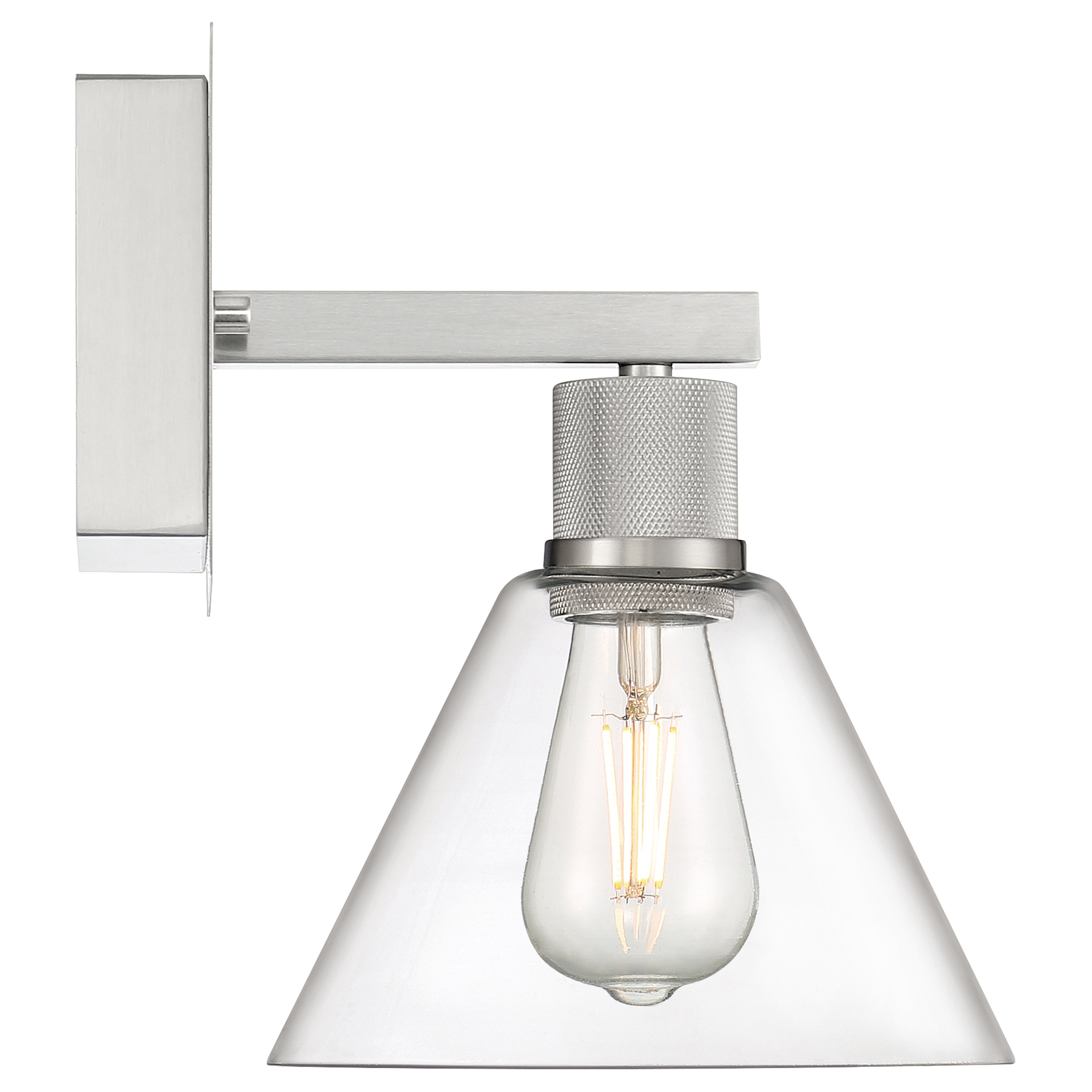 Port Nine Martini LED Wall Sconce by Access Lighting features a brushed steel base, clear glass cone shade, and a visible filament-style 7W LED bulb.