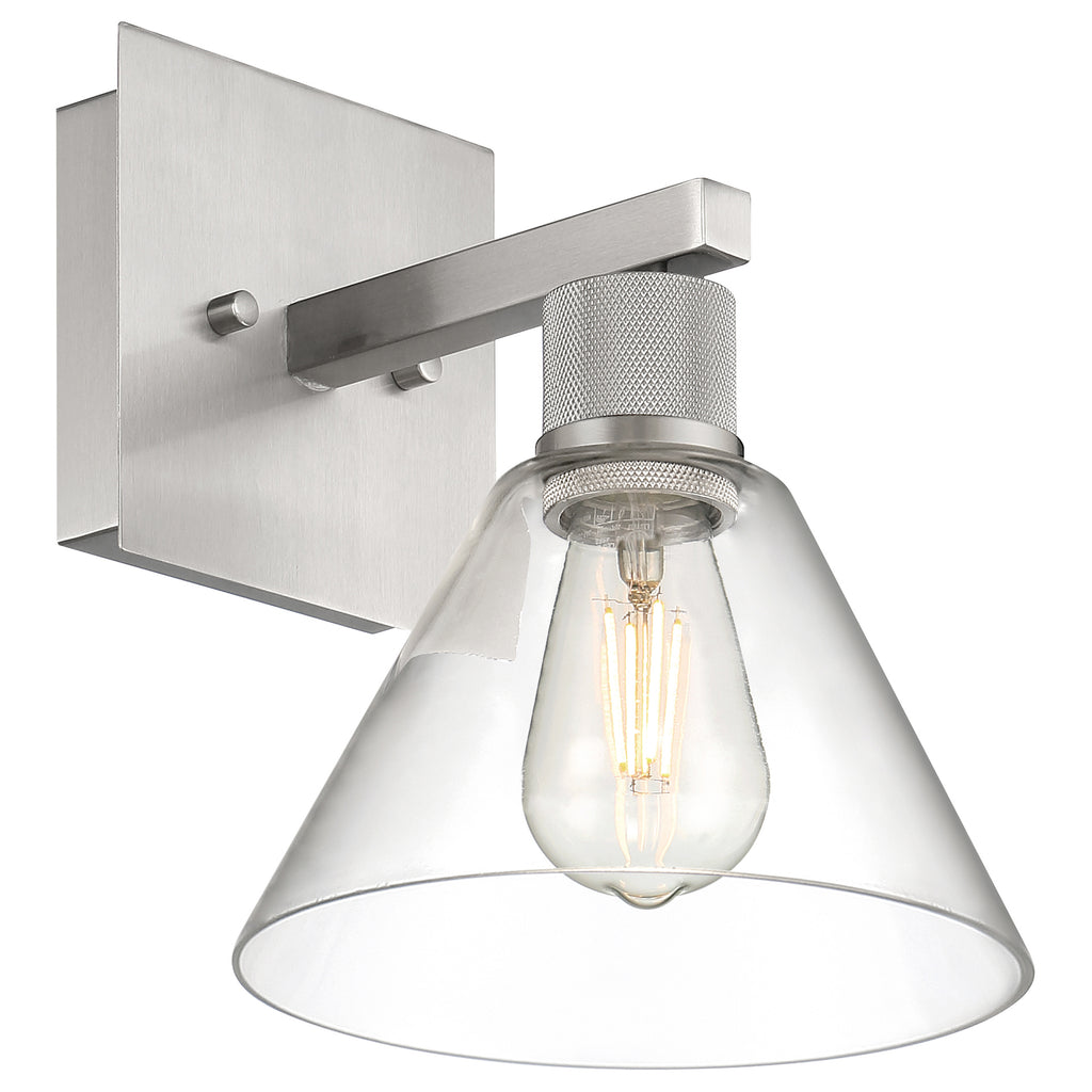 The Port Nine Martini LED Wall Sconce by Access Lighting features a brushed steel base, cylindrical socket, and a clear conical glass shade that displays an exposed filament-style 7W LED bulb.