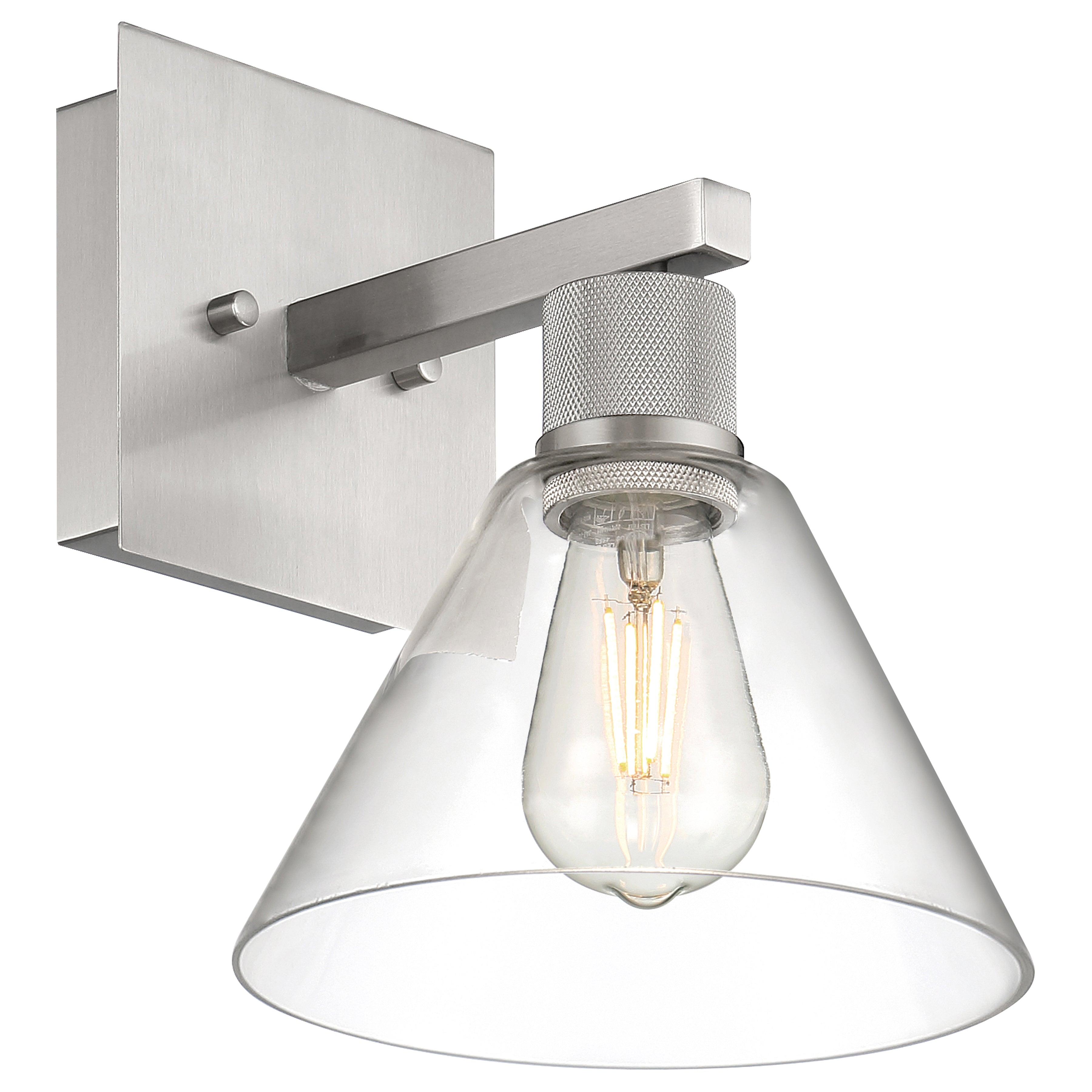 The Port Nine Martini LED Wall Sconce by Access Lighting features a brushed steel base, cylindrical socket, and a clear conical glass shade that displays an exposed filament-style 7W LED bulb.