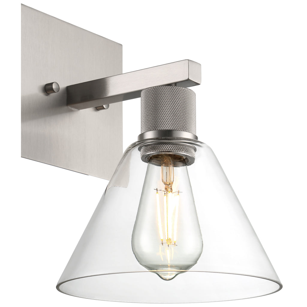 The Port Nine Martini LED Wall Sconce by Access Lighting features a brushed steel base and a clear glass cone-shaped shade, complete with an energy-efficient 7W LED bulb.