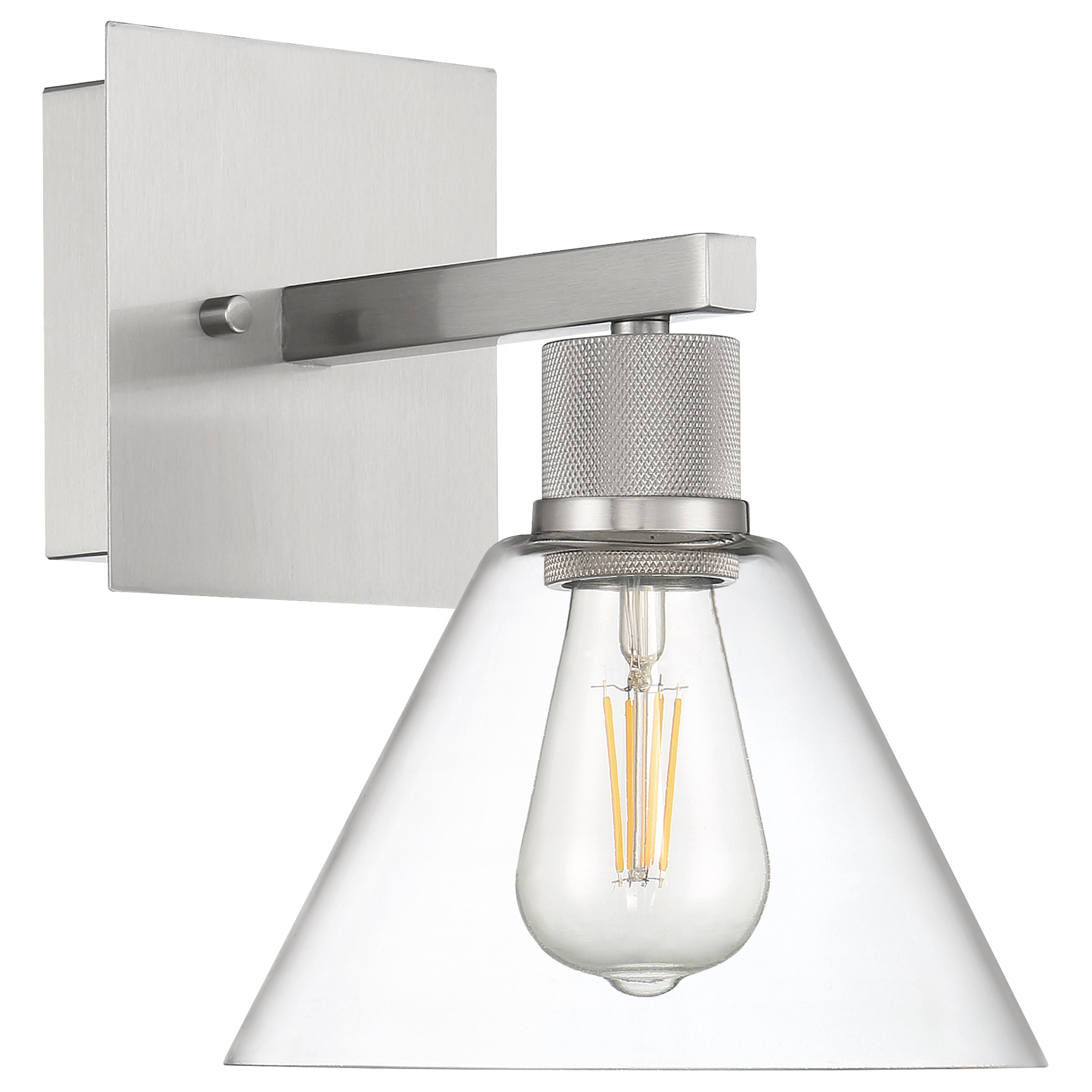 The Port Nine Martini LED Wall Sconce by Access Lighting features a brushed steel, square metal base with a short horizontal arm and a clear glass cone shade that showcases an exposed vintage-style filament bulb, using 7W of LED light.