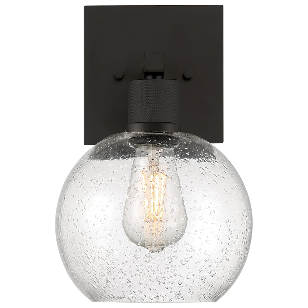 The Access Lighting Port Nine Burgundy LED Wall Sconce features a matte black square base, a seeded (bubbled) glass globe, and an exposed filament-style bulb inside.