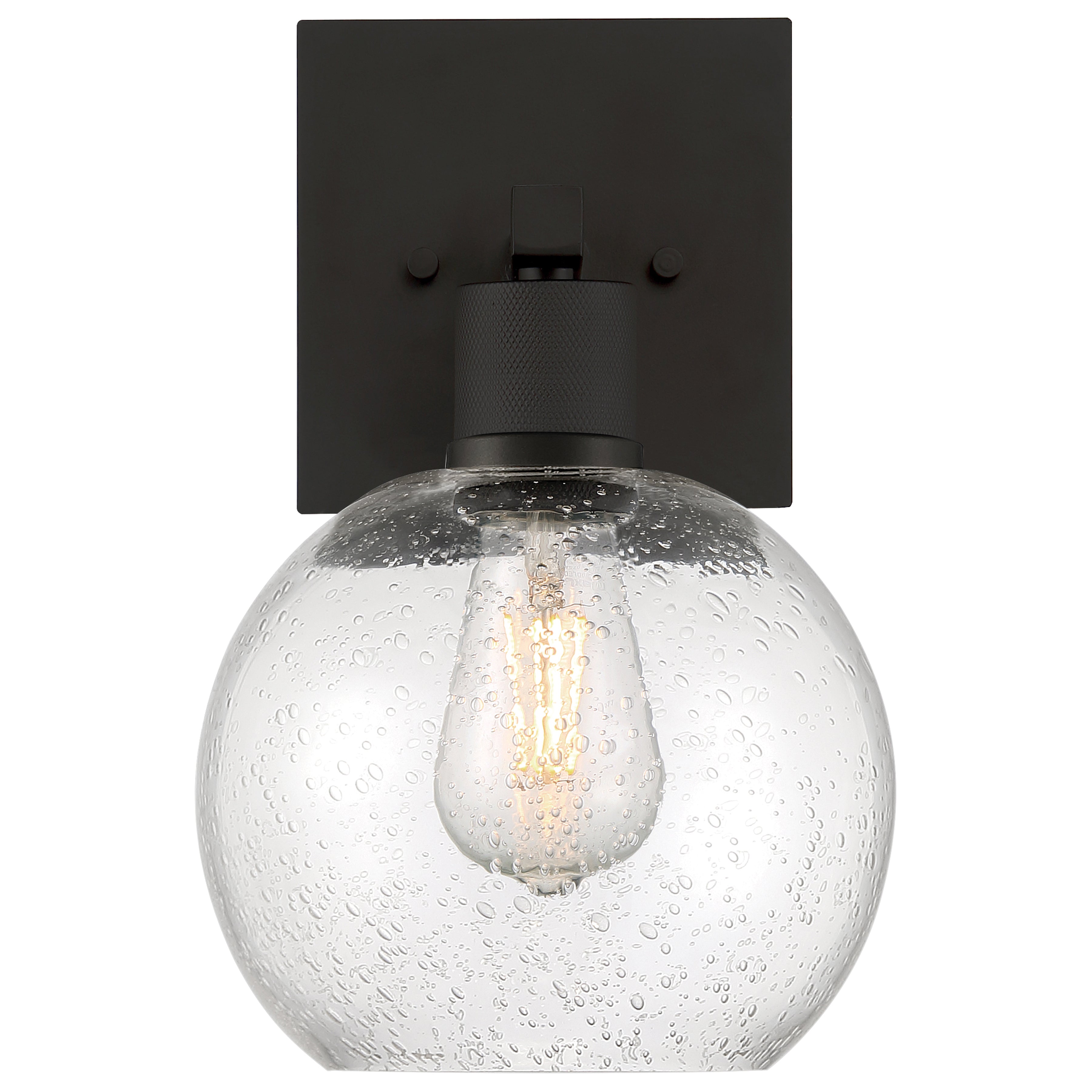 The Access Lighting Port Nine Burgundy LED Wall Sconce features a matte black square base, a seeded (bubbled) glass globe, and an exposed filament-style bulb inside.
