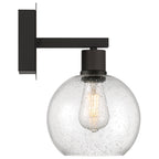 The Access Lighting Port Nine Burgundy LED Wall Sconce features a rectangular matte black base paired with a round, seeded glass shade that showcases the visible bulb.