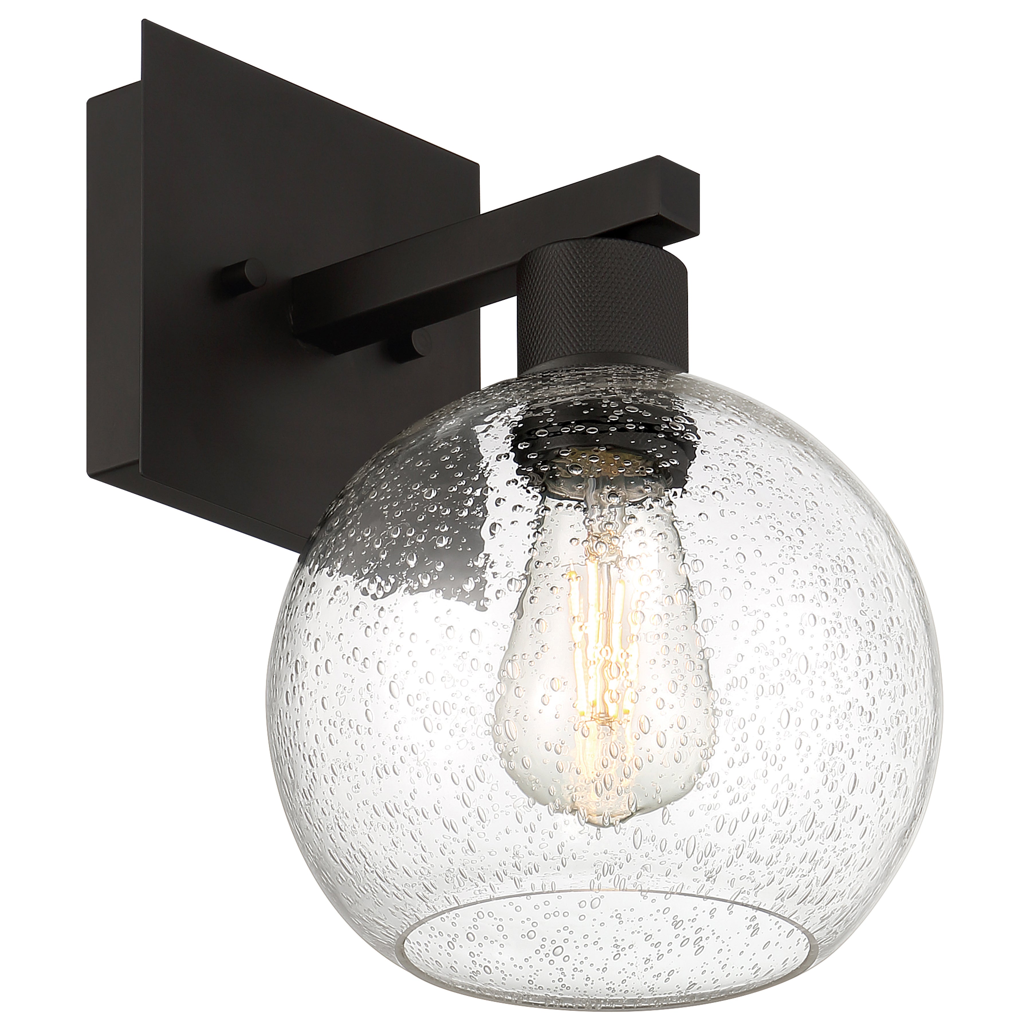 The Port Nine Burgundy LED Wall Sconce by Access Lighting features a matte black metal base and a seeded glass globe shade, highlighting the visible vintage-style LED bulb inside.