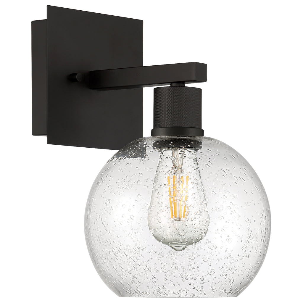 The Port Nine Burgundy LED Wall Sconce by Access Lighting features a matte black finish with a seeded glass globe and includes an exposed filament-style LED bulb (7W).