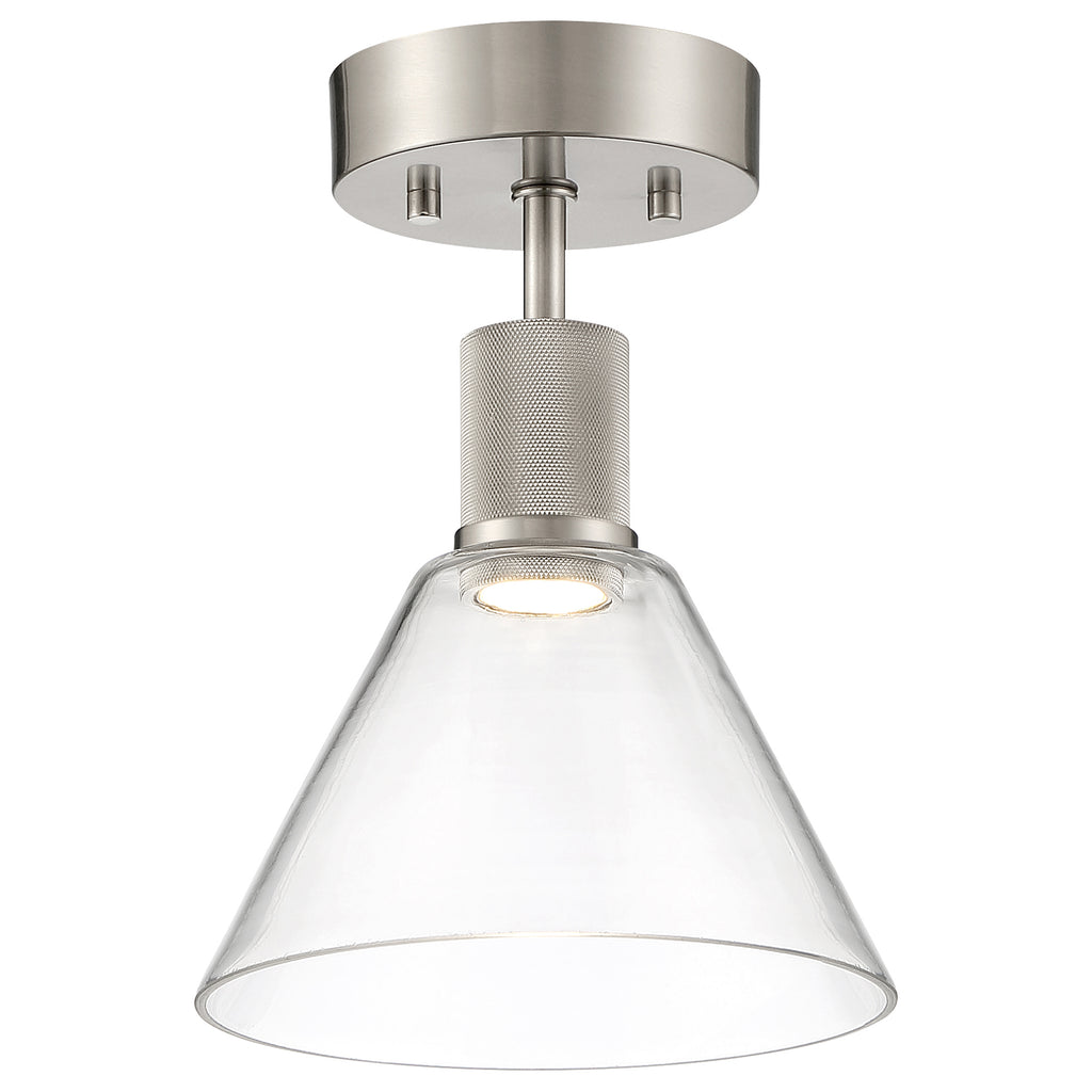 The Access Lighting Port Nine Martini LED Semi-Flush features a brushed steel finish, a cylindrical stem with textured detailing, and a clear conical glass shade.