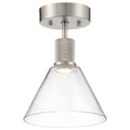 The Access Lighting Port Nine Martini LED Semi-Flush features a brushed steel finish, a cylindrical stem with textured detailing, and a clear conical glass shade.
