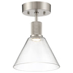 The Access Lighting Port Nine Martini LED Semi-Flush features a brushed steel finish, a cylindrical stem with textured detailing, and a clear conical glass shade.
