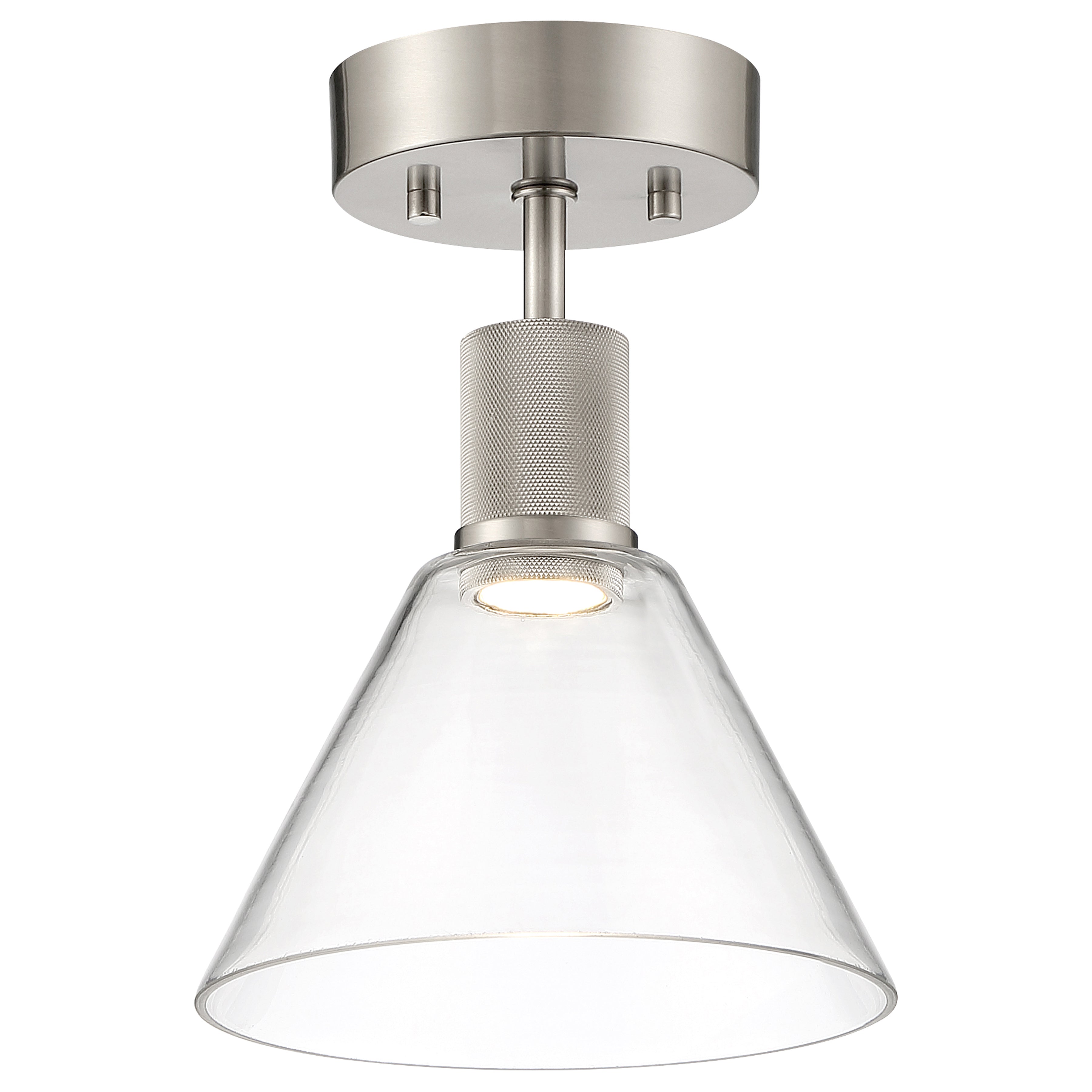 The Access Lighting Port Nine Martini LED Semi-Flush features a brushed steel finish, a cylindrical stem with textured detailing, and a clear conical glass shade.