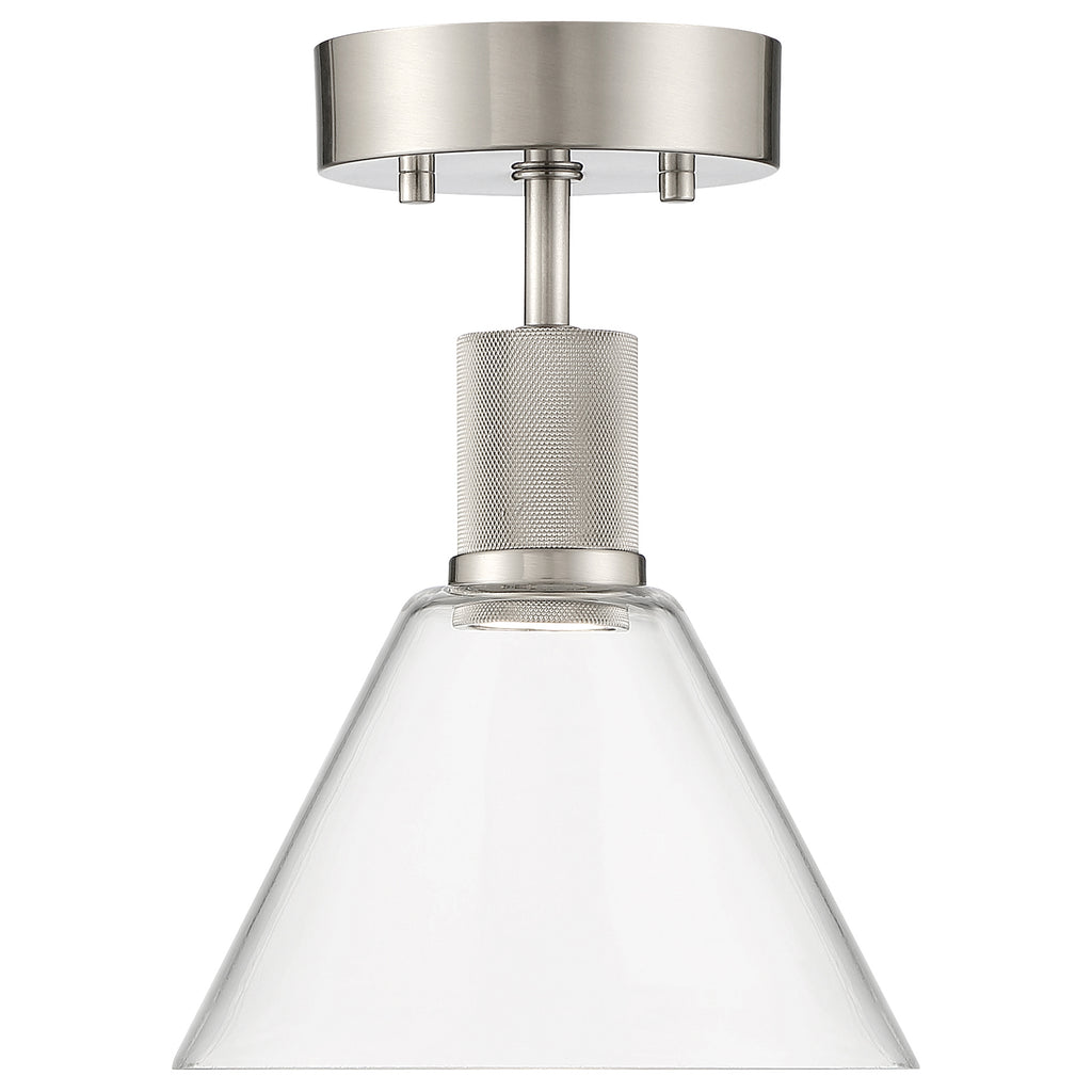 The Access Lighting Port Nine Martini LED Semi-Flush features a brushed steel finish, a textured cylindrical detail, and a clear glass cone-shaped shade.