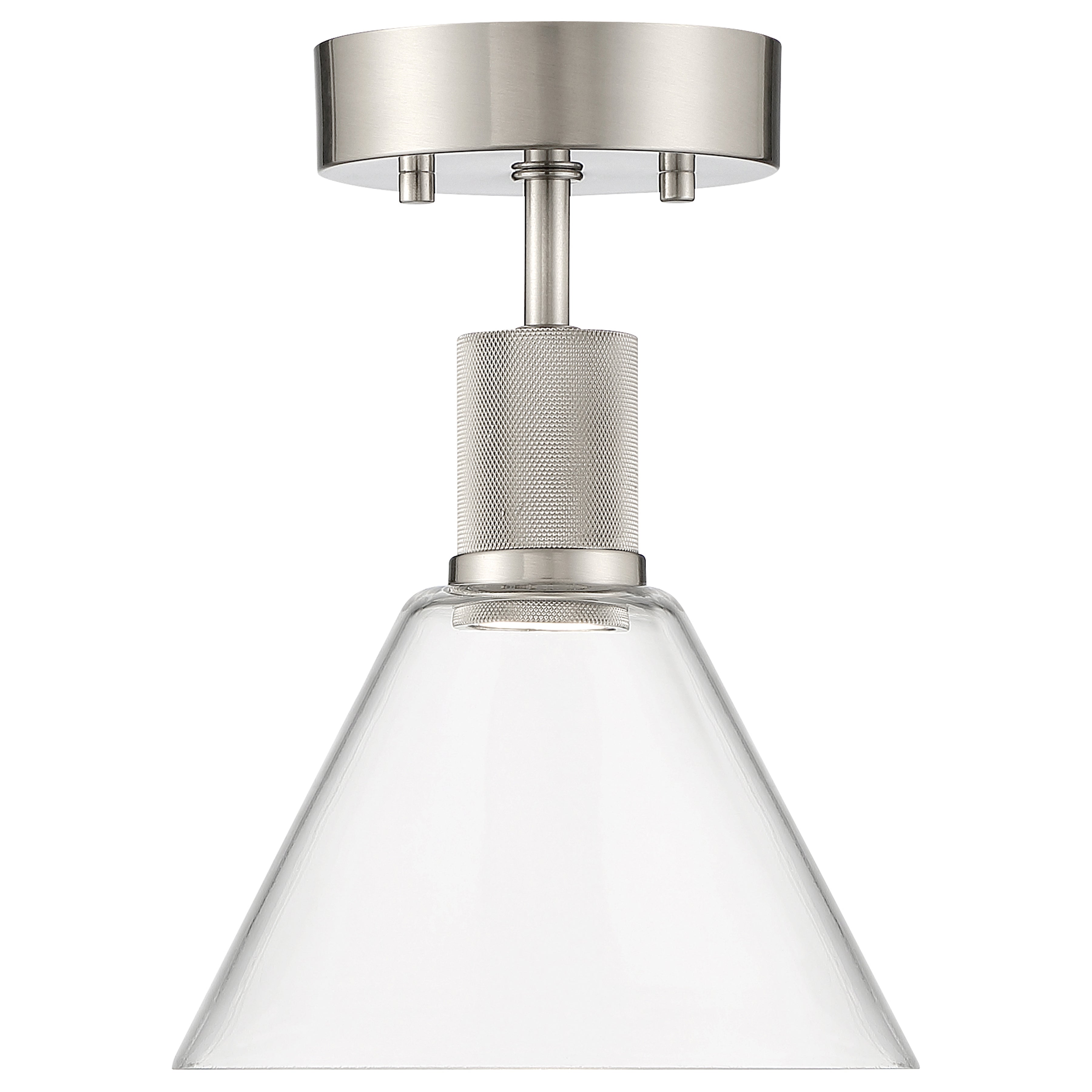 The Access Lighting Port Nine Martini LED Semi-Flush features a brushed steel finish, a textured cylindrical detail, and a clear glass cone-shaped shade.